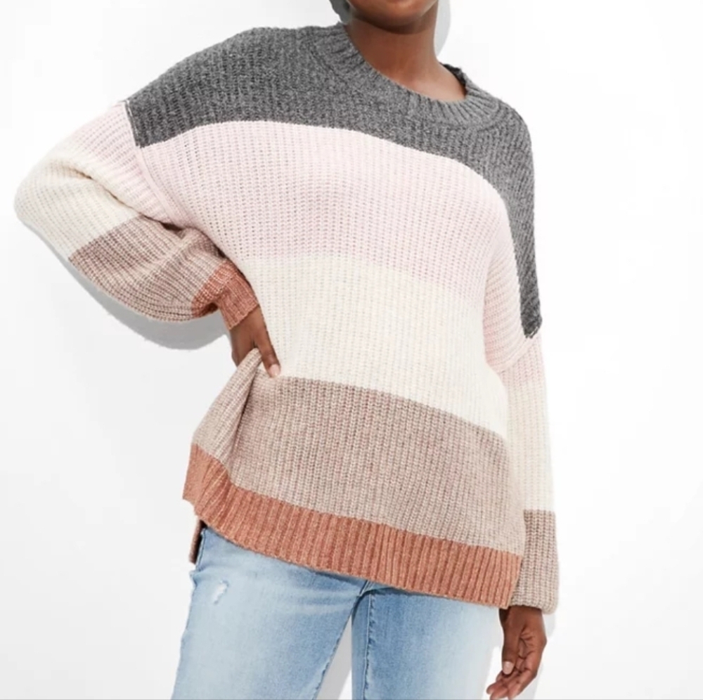 AE Oversized Dreamspun Striped Sweater M Neutral 90s Retro Cozy Soft